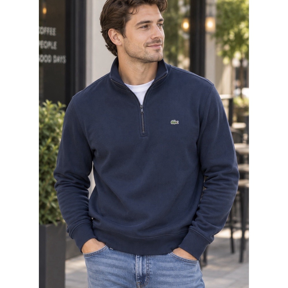 Lacoste Sweater Pullover Men's 6 US XL Navy Blue 1/4 Zip Preppy  Knit Mock Neck